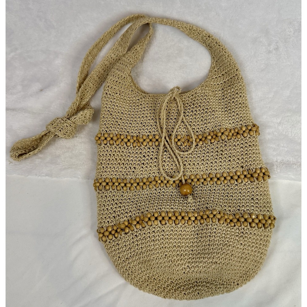 Vintage Kathie Lee Straw Beaded Shoulder Bag Boho Crochet Purse Wood Beads